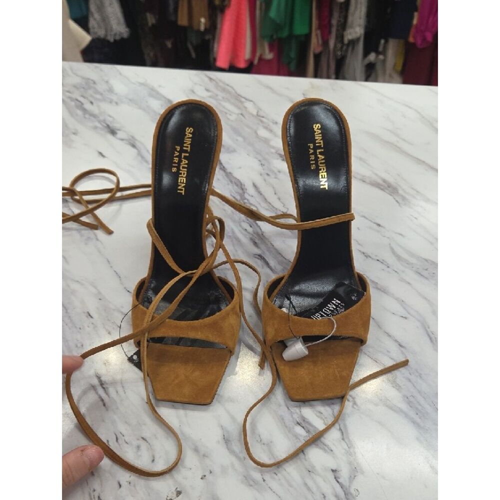Saint Laurent Tan Suede Lace-Up Sandal with Lilac Block Heel - Picture 7 of 9